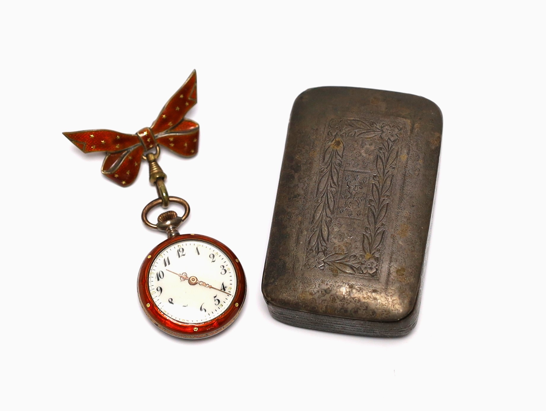 A George III silver snuff box, Joseph Wilmore, Birmingham, 1814, 61mm and a silver gilt and enamel fob watch (a.f.).